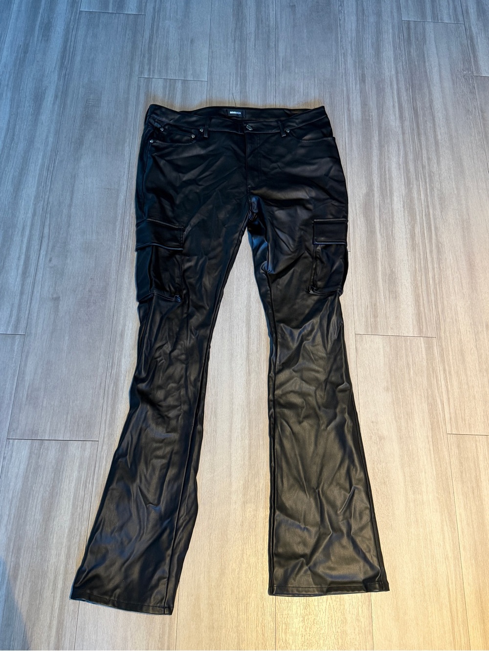 Faux Leather Cargo Flare Pants - Black